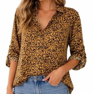 Umgee Women's Chic Animal Leopard Print Button Down Shirt Long Sleeve Size L